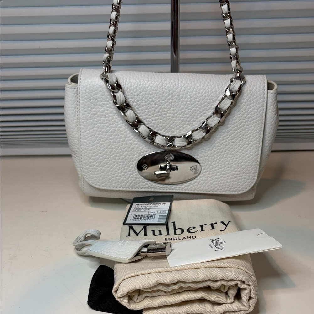Mulberry Lily Top Handle Heavy Grain Leather White Shoulder Bag with Chain